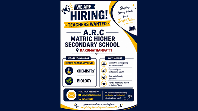 A.R.C Matric Higher Secondary School is inviting passionate and dedicated educators to join our dynamic academic team. We are currently hiring qualified teachers for the Higher Secondary Level.